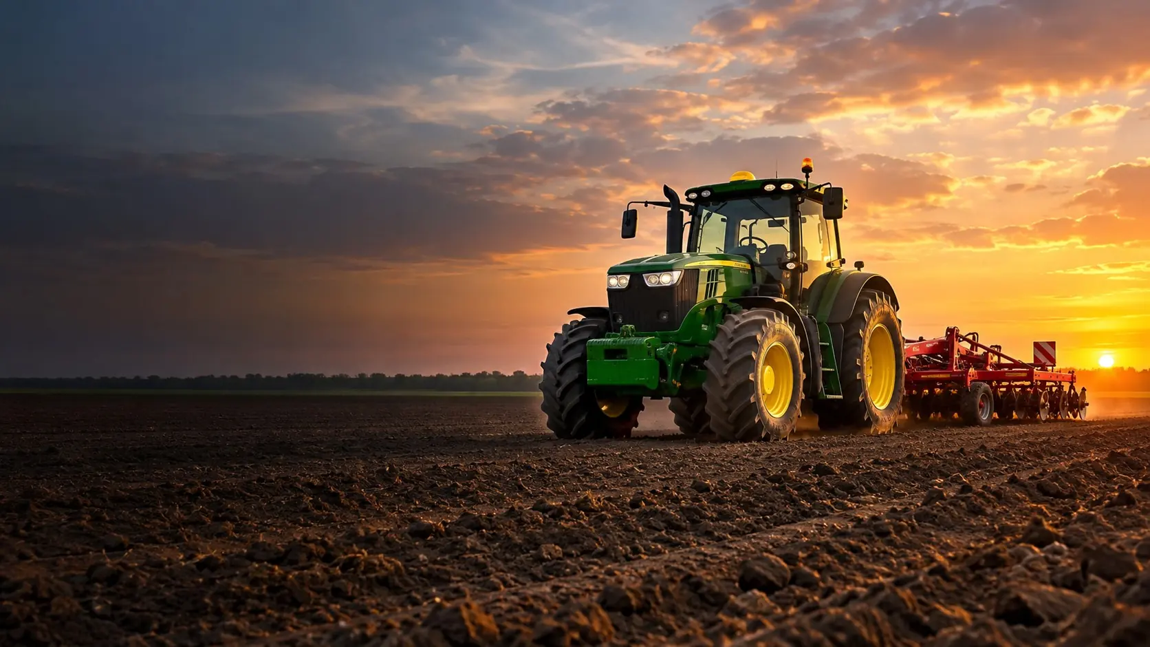 Green tractor pulling a cultivator across a field at sunset